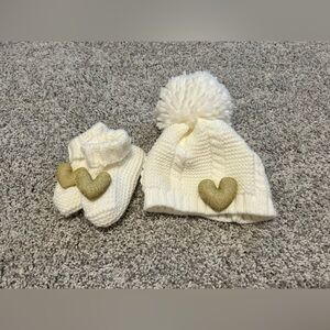 Cozy White and Gold Kids Beanie and Mittens Set